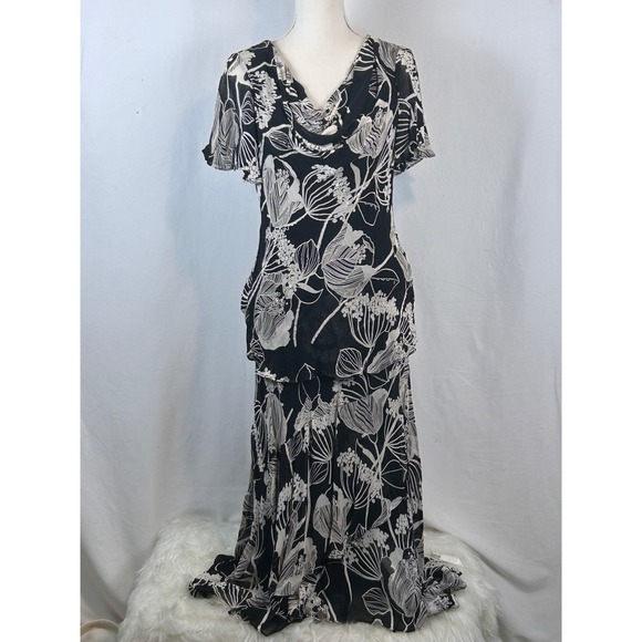 Dresses & Skirts - Rouge 2 Piece Gown Women Size L Black White Floral Excellent Sequin Maxi Ruffle